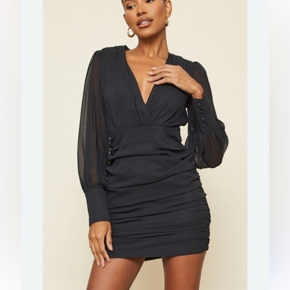 NWT PrettyLittleThing Chic Black Sheer Long Sleeve Deep Vneck Ruched Dress